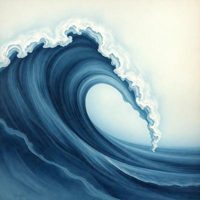 The primary subject of the image is a large wave in the ocean. The wave is depicted in a painting, which gives it a more artistic and visually appealing appearance. The setting is the ocean, with the wave being the main focus of the scene. The visual style is a painting, which adds a sense of depth and realism to the image. The dominant colors in the painting are blue and white, creating a serene and calming atmosphere.